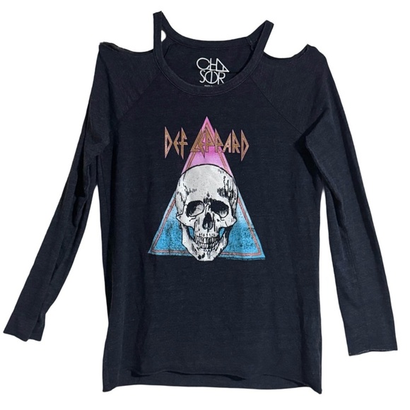 CHASER • Def Leppard Band Fan Navy Chambray Long Sleeve Cold-Shoulder Shirt - Picture 1 of 4